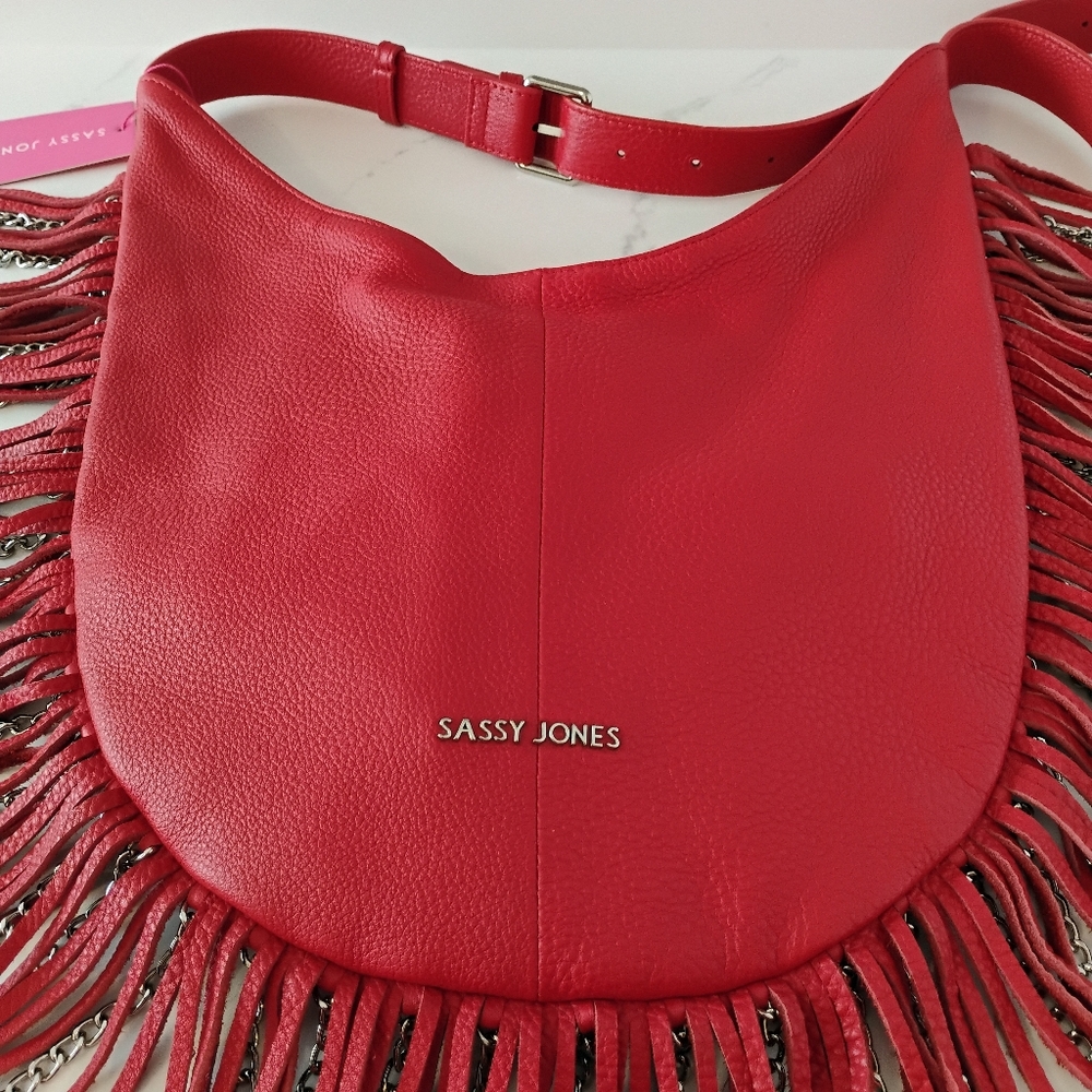 NWT Sassy Jones Leather Bag - Red Dina Pebbled Leather Fringe Crossbody Hobo - Picture 4 of 13